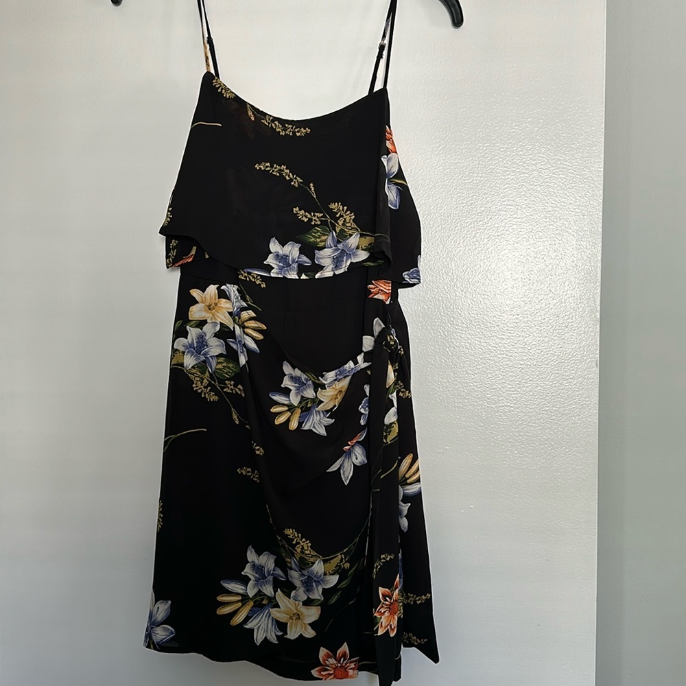 Lush black floral sun dress with flowy top and faux wrap tie waist size small